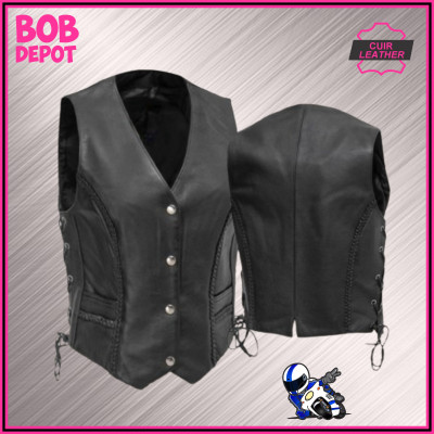 Veste Sans Manches en Cuir avec bordure tressée